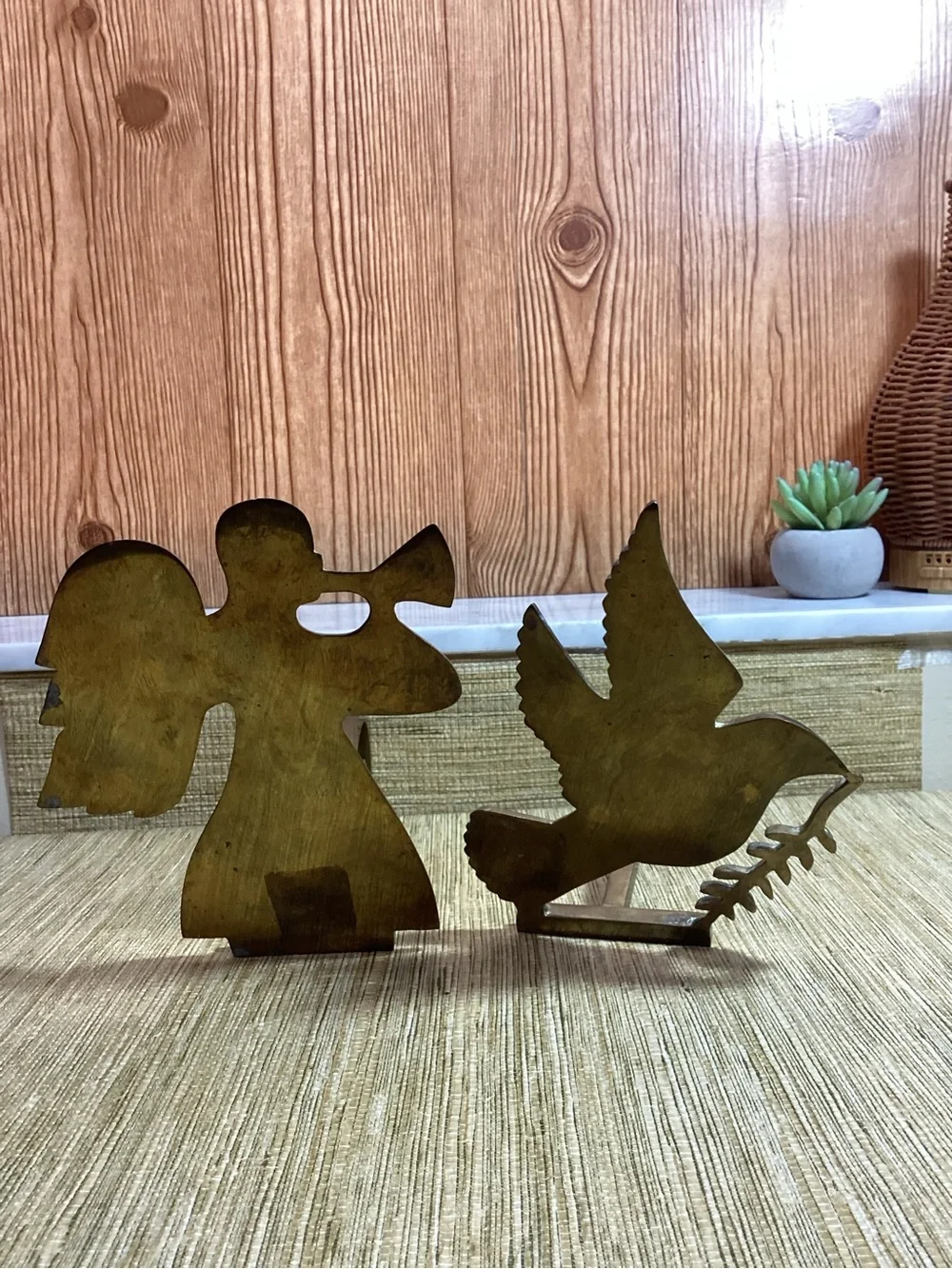 Vintage Brass Angel and Dove Fireplace Hooks - Rare Solid Brass